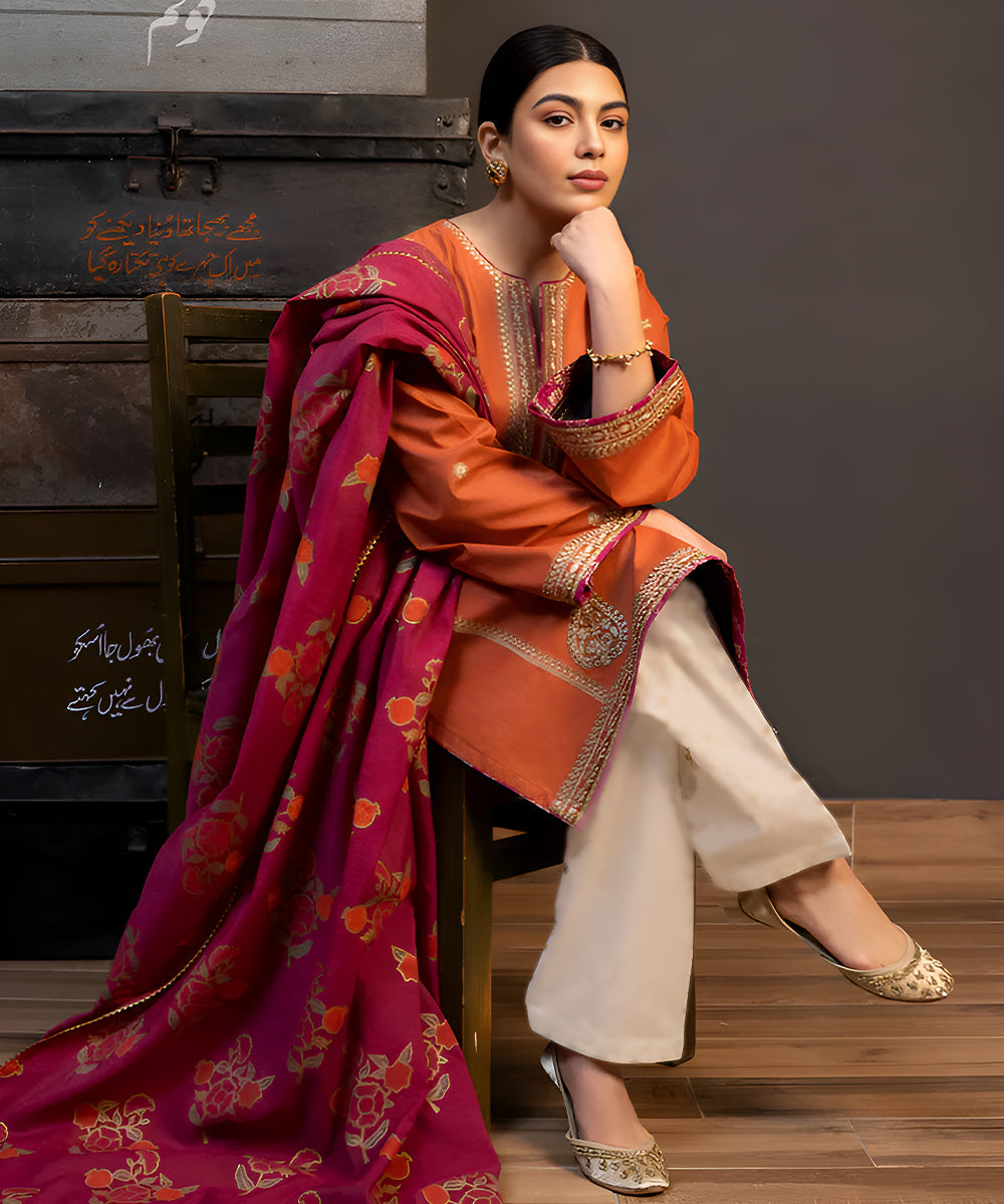 3PC Dhanak Embroidered Shirt With Digital Printed Shawl-691