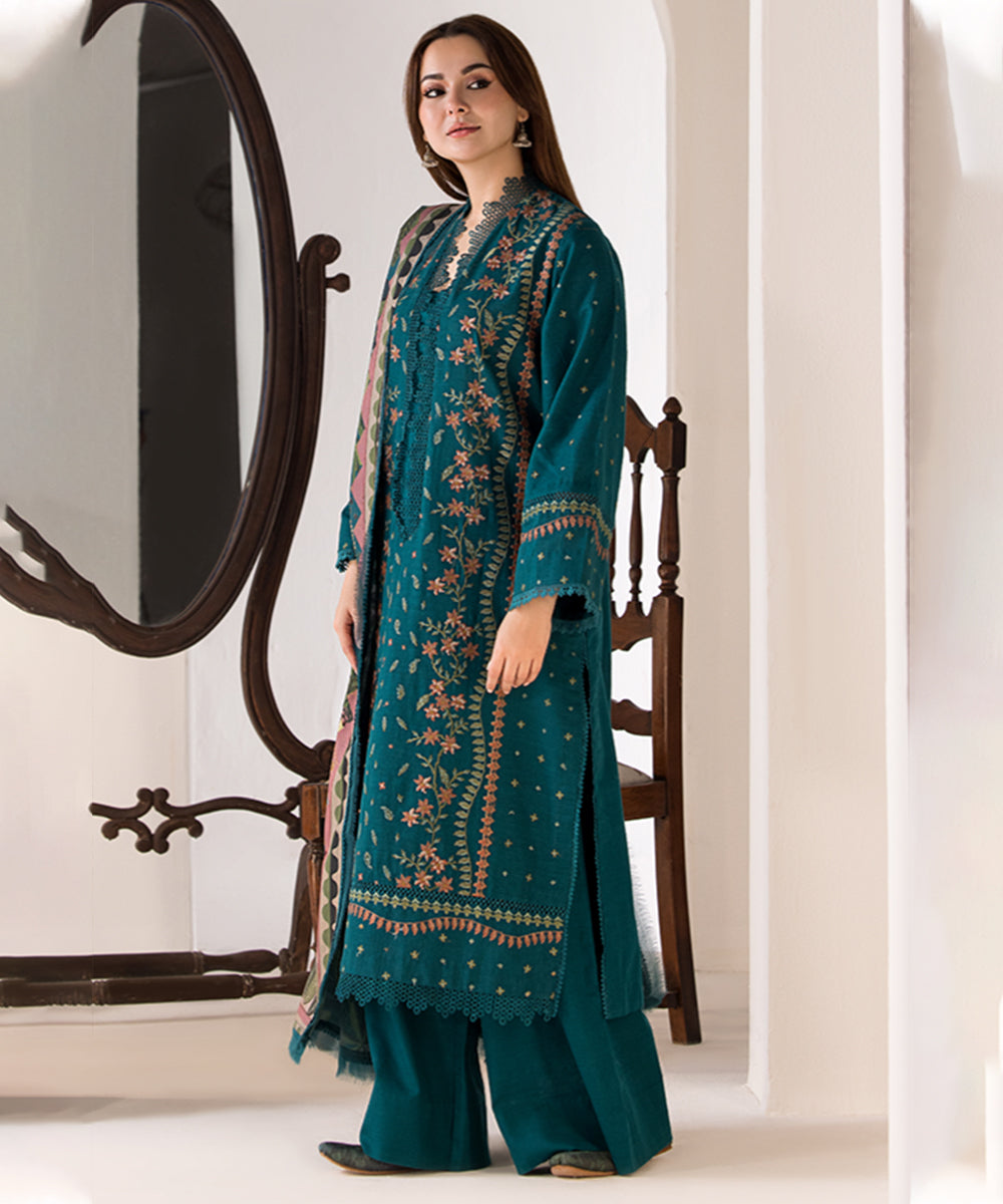 SOBIA NAZIR - 3PC DHANAK EMBROIDERED SHIRT WITH TWILL PRINTED SHAWL AND TROUSER-685