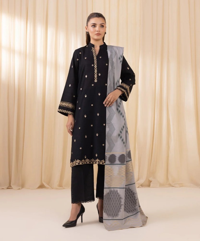 3PC Dhanak Embroidered Shirt With Digital Printed Shawl - 150 - Sapphire Studios