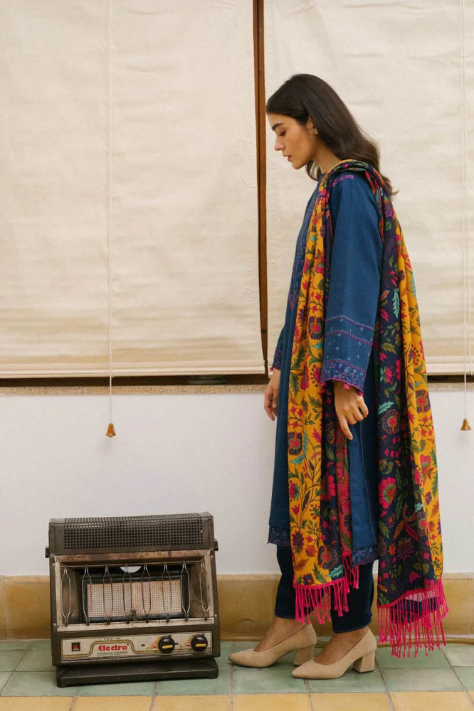 3PC Dhanak Embroidered Shirt With Digital Printed Shawl - 217 - Sapphire Studios