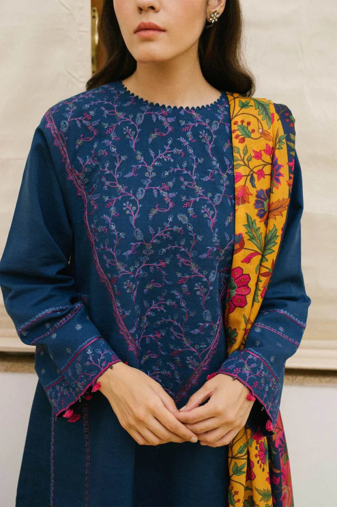 3PC Dhanak Embroidered Shirt With Digital Printed Shawl - 217 - Sapphire Studios
