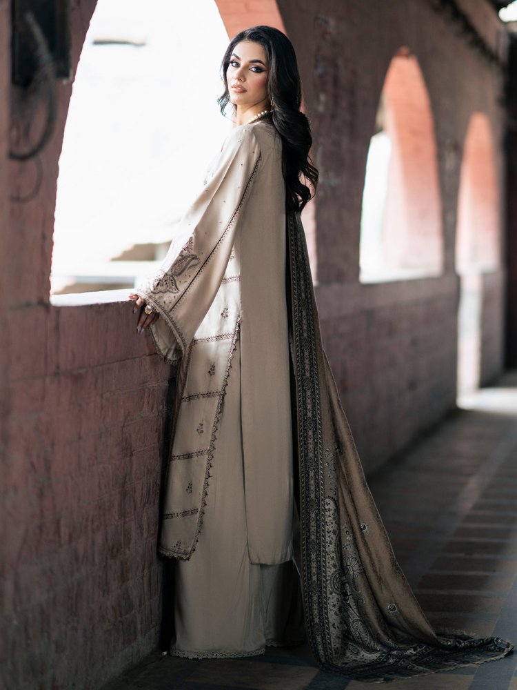 3PC Dhanak Embroidered Shirt With Digital Printed Shawl - 257 - Sapphire Studios