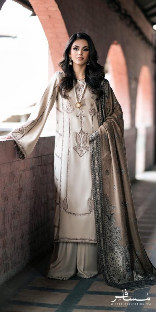 3PC Dhanak Embroidered Shirt With Digital Printed Shawl - 257 - Sapphire Studios