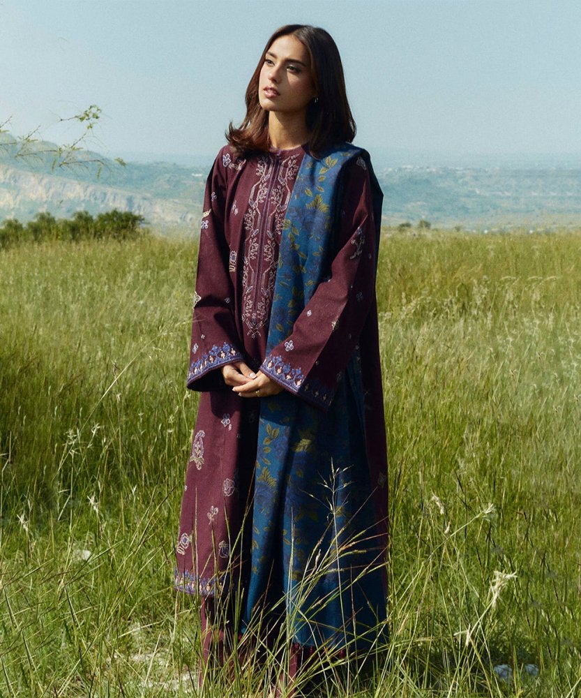 3PC Dhanak Embroidered Shirt With Digital Printed Shawl - 274 - Sapphire Studios