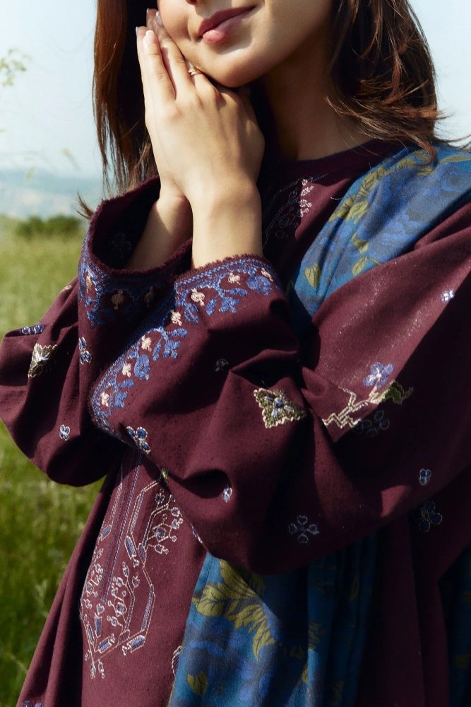 3PC Dhanak Embroidered Shirt With Digital Printed Shawl - 274 - Sapphire Studios