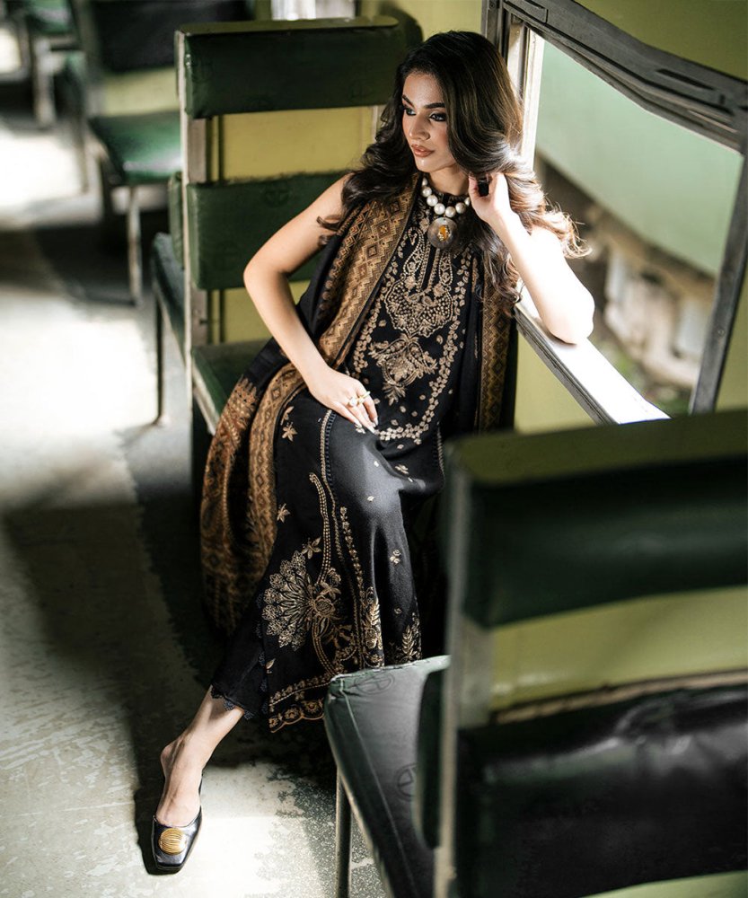 3PC Dhanak Embroidered Shirt With Digital Printed Shawl - 277 - Sapphire Studios