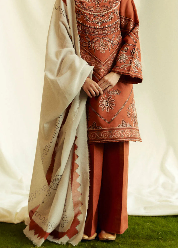 3PC Dhanak Embroidered Shirt With Digital Printed Shawl - 280 - Sapphire Studios