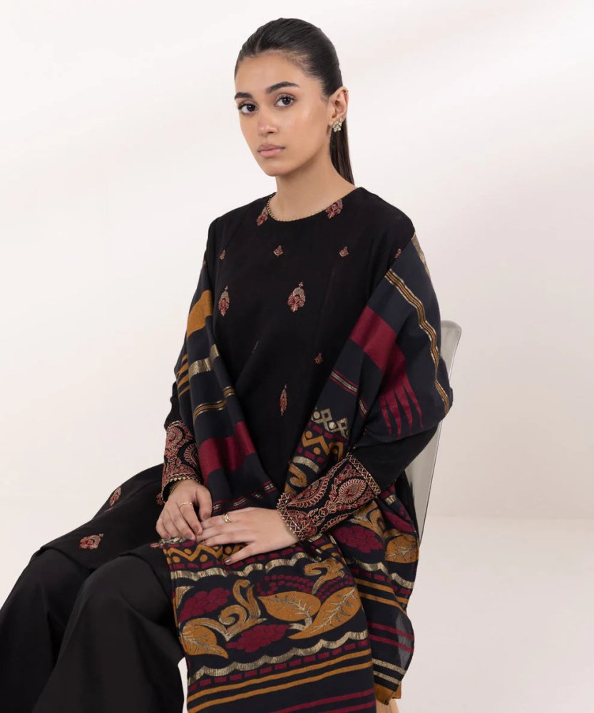 3PC Dhanak Embroidered Shirt With Digital Printed Shawl - 690 - Sapphire Studios