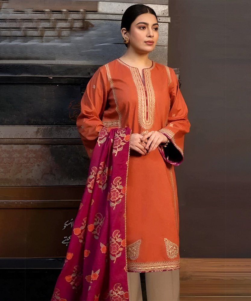 3PC Dhanak Embroidered Shirt With Digital Printed Shawl - 691 - Sapphire Studios