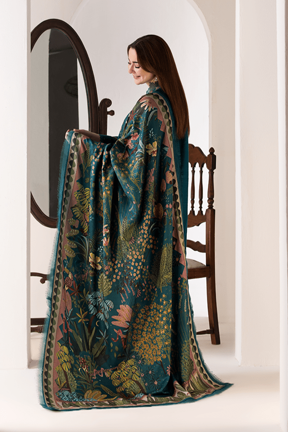 3PC DHANAK EMBROIDERED SHIRT WITH TWILL PRINTED SHAWL AND TROUSER - 685 - Sapphire Studios