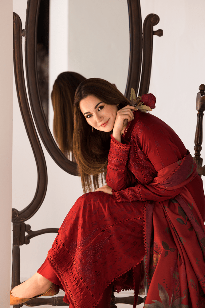 3PC DHANAK EMBROIDERED SHIRT WITH TWILL PRINTED SHAWL AND TROUSER - 688 - Sapphire Studios