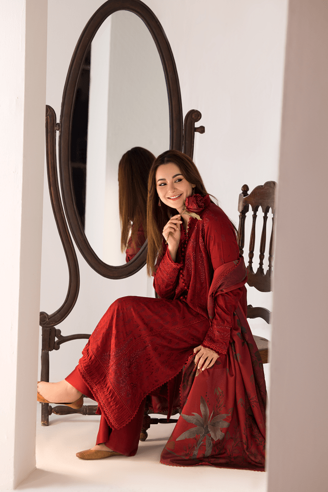 3PC DHANAK EMBROIDERED SHIRT WITH TWILL PRINTED SHAWL AND TROUSER - 688 - Sapphire Studios