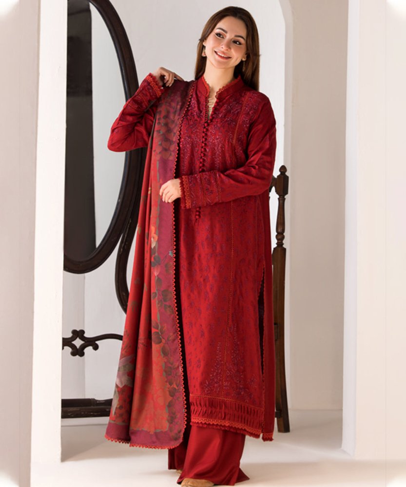 3PC DHANAK EMBROIDERED SHIRT WITH TWILL PRINTED SHAWL AND TROUSER - 688 - Sapphire Studios