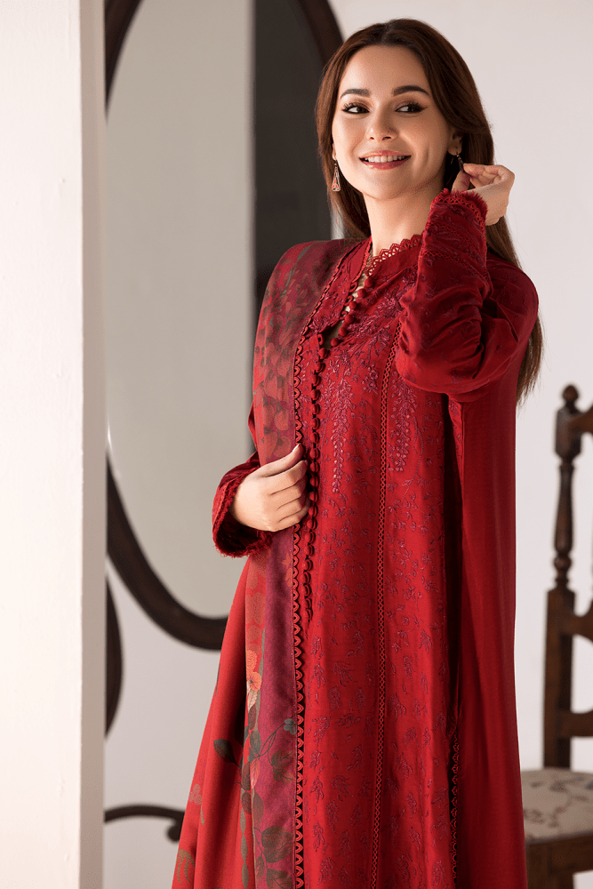 3PC DHANAK EMBROIDERED SHIRT WITH TWILL PRINTED SHAWL AND TROUSER - 688 - Sapphire Studios