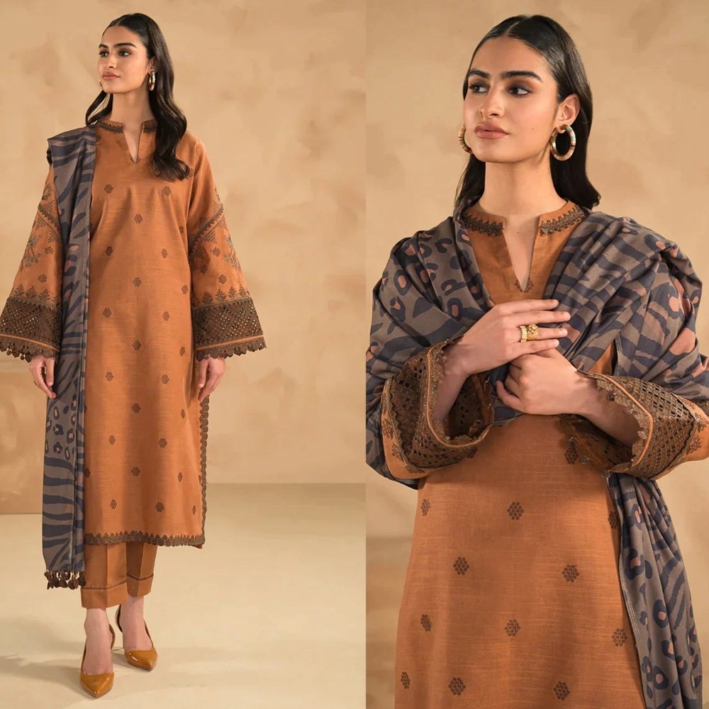3PC Dhanak Embroidered suit with Digital Printed Wool Shawl - 1313 - Sapphire Studios