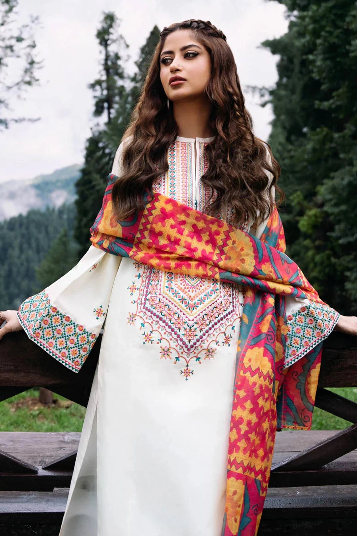 Dhanak 3PC Embroidered With Printed Wool Shawl-255
