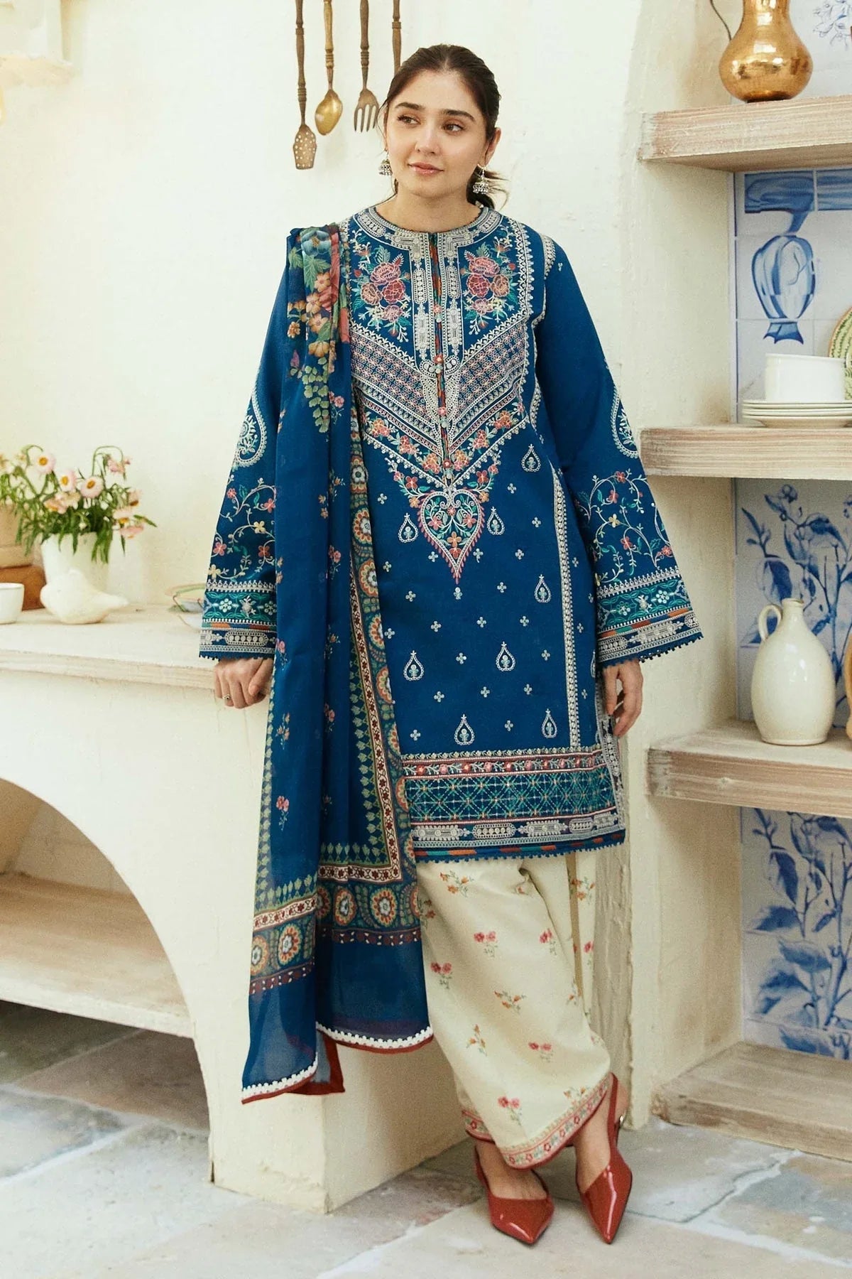 Dhaank 3PC Embroidered Shirt With Digital Printed Shawl-668