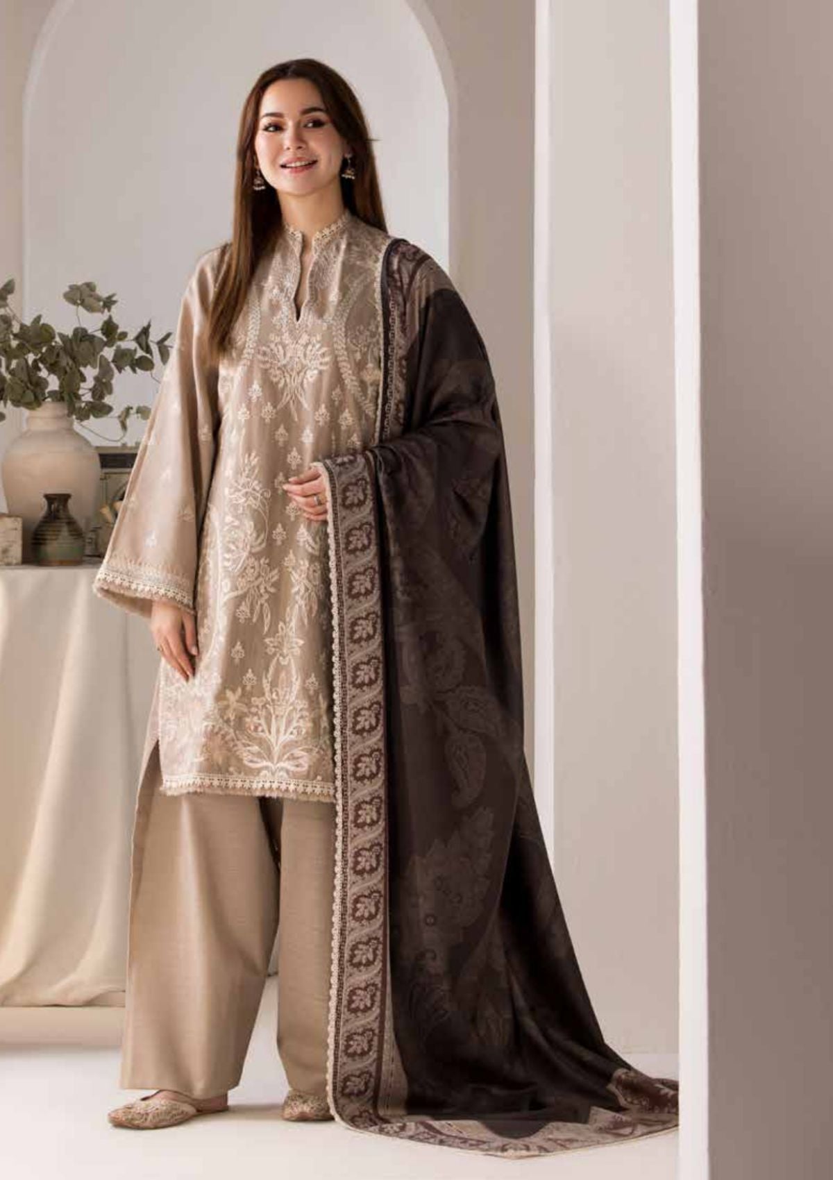 3PC DHANAK EMBROIDERED SHIRT WITH DIGITAL PRINTED SHAWL AND TROUSER-692
