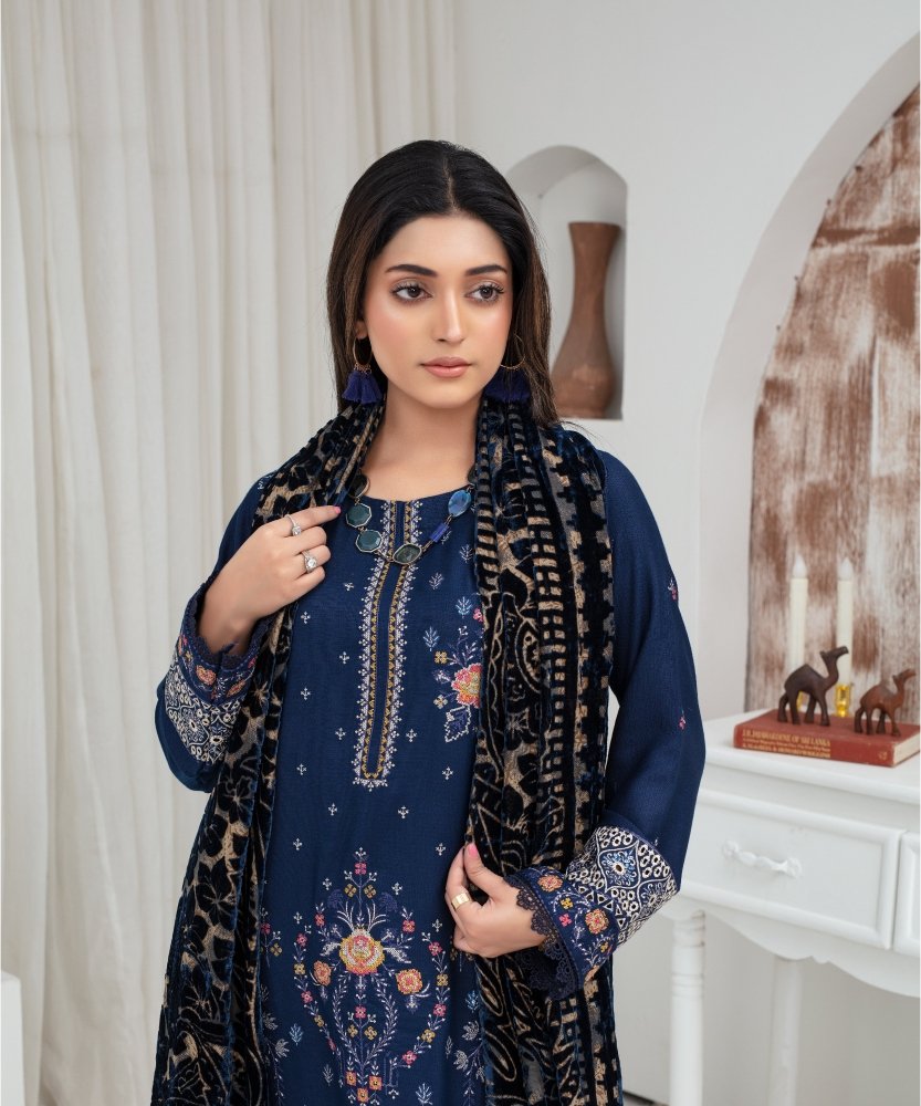 Dhanak 3PC Chikankari Embroidered Shirt With Velvet Plachi Shawl - 2103 - Sapphire Studios