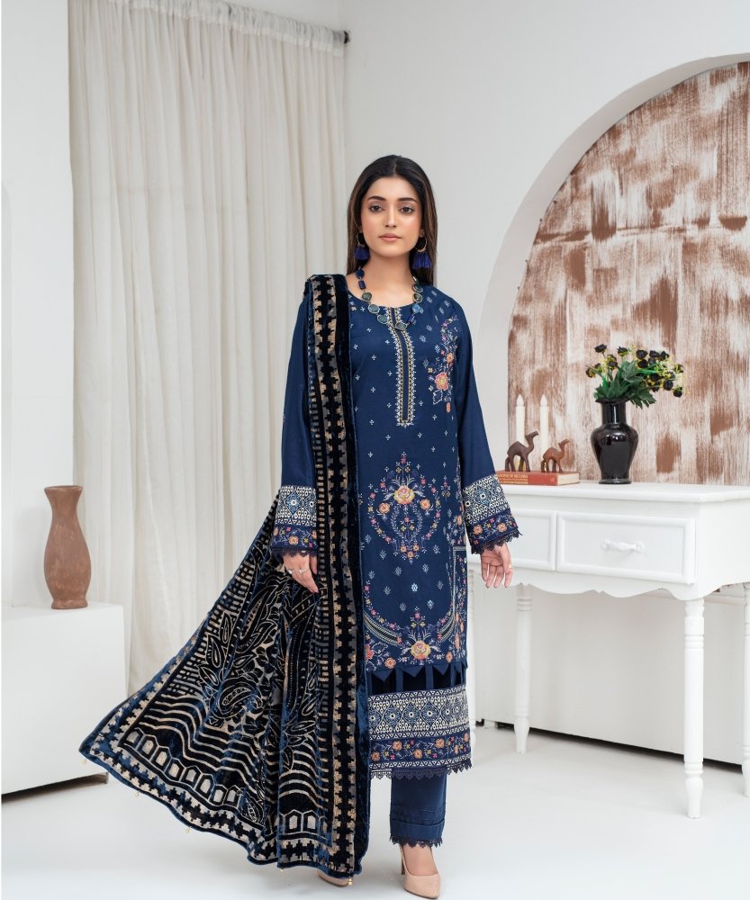 Dhanak 3PC Chikankari Embroidered Shirt With Velvet Plachi Shawl - 2103 - Sapphire Studios