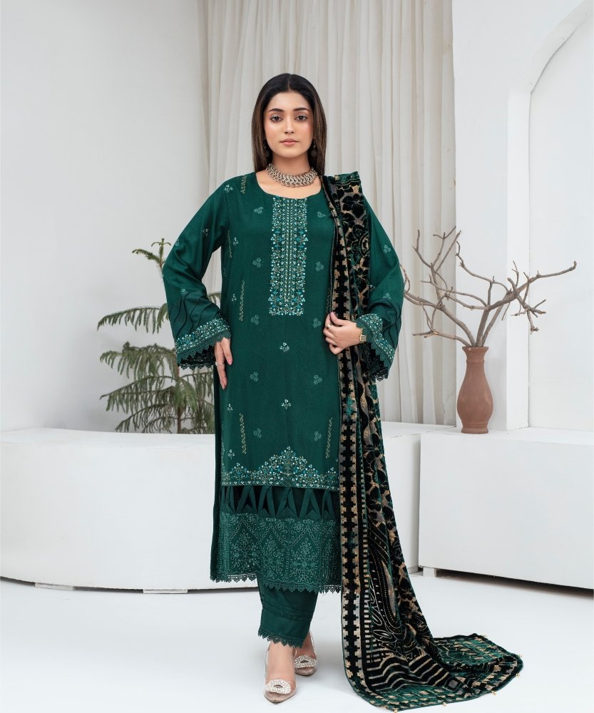 Dhanak 3PC Chikankari Embroidered Shirt With Velvet Plachi Shawl - 2105 - Sapphire Studios