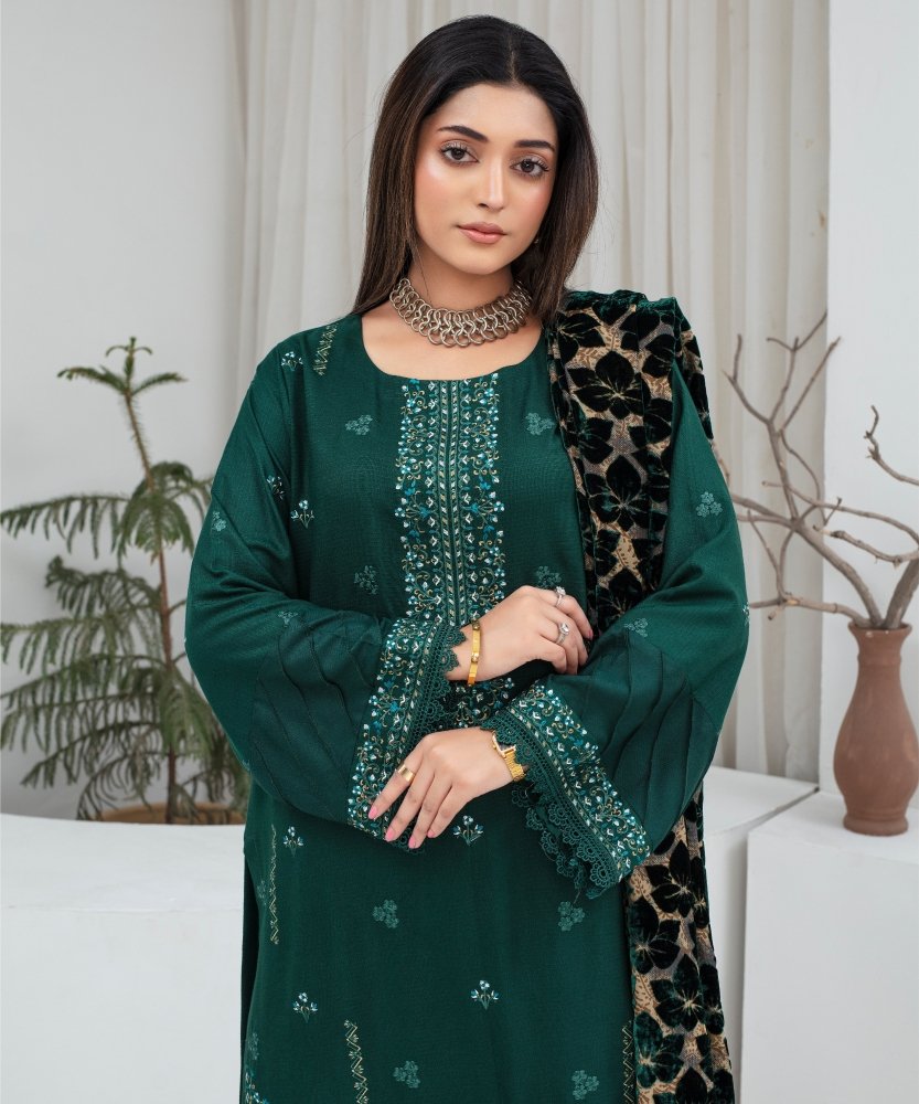 Dhanak 3PC Chikankari Embroidered Shirt With Velvet Plachi Shawl - 2105 - Sapphire Studios