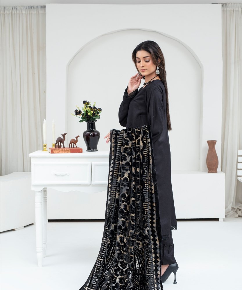 Dhanak 3PC Chikankari Embroidered Shirt With Velvet Plachi Shawl - 2107 - Sapphire Studios