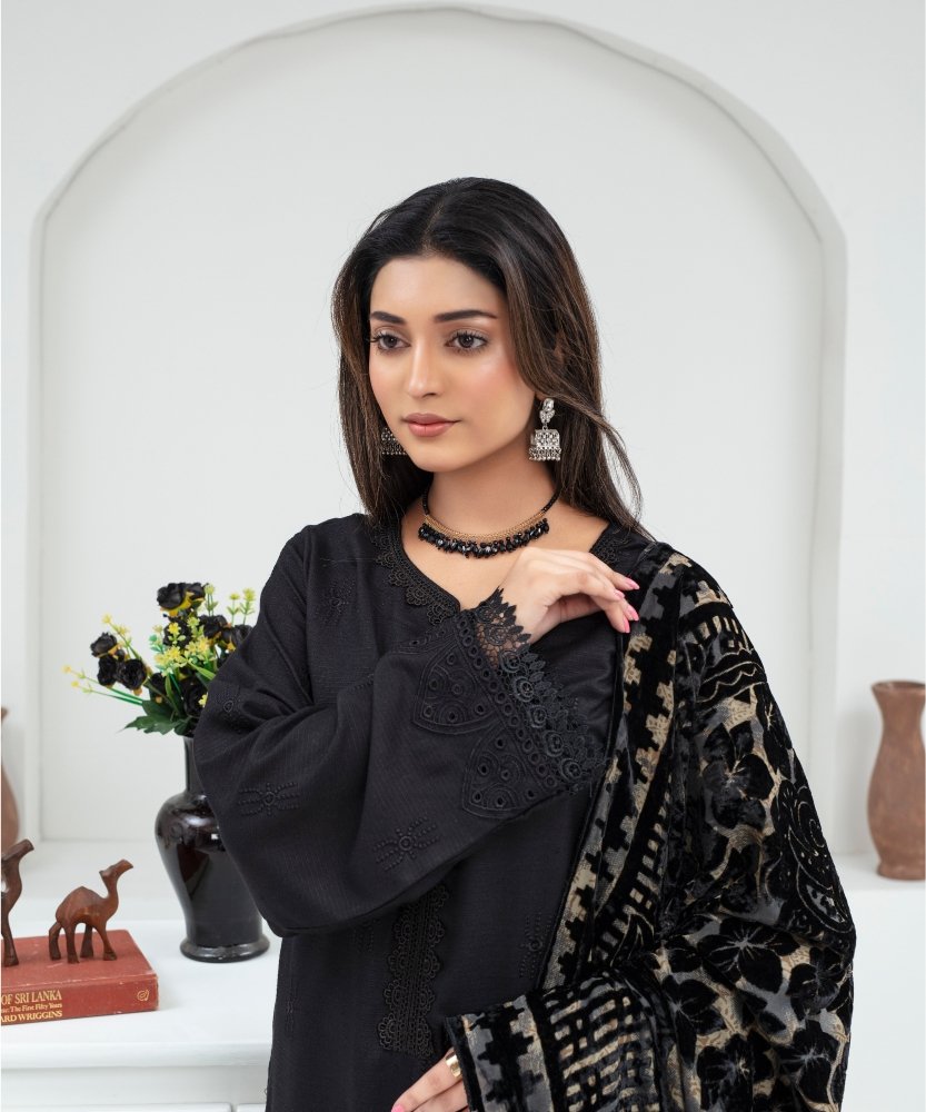 Dhanak 3PC Chikankari Embroidered Shirt With Velvet Plachi Shawl - 2107 - Sapphire Studios