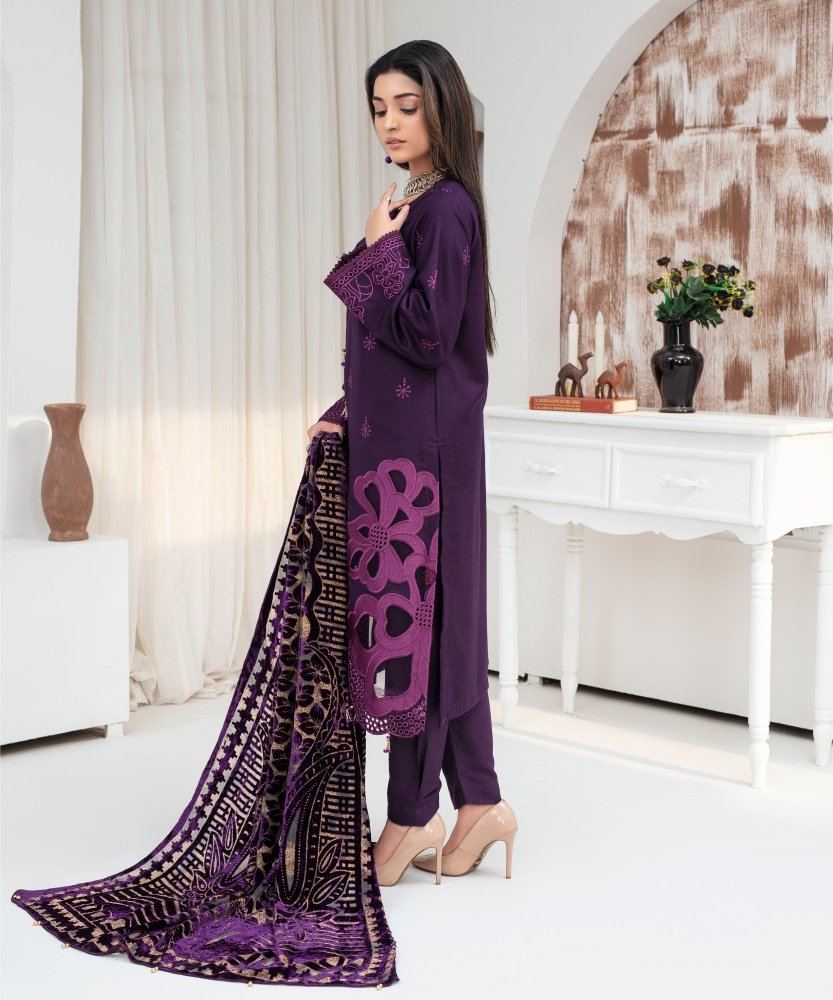 Dhanak 3PC Chikankari Embroidered Shirt With Velvet Plachi Shawl - 2108 - Sapphire Studios