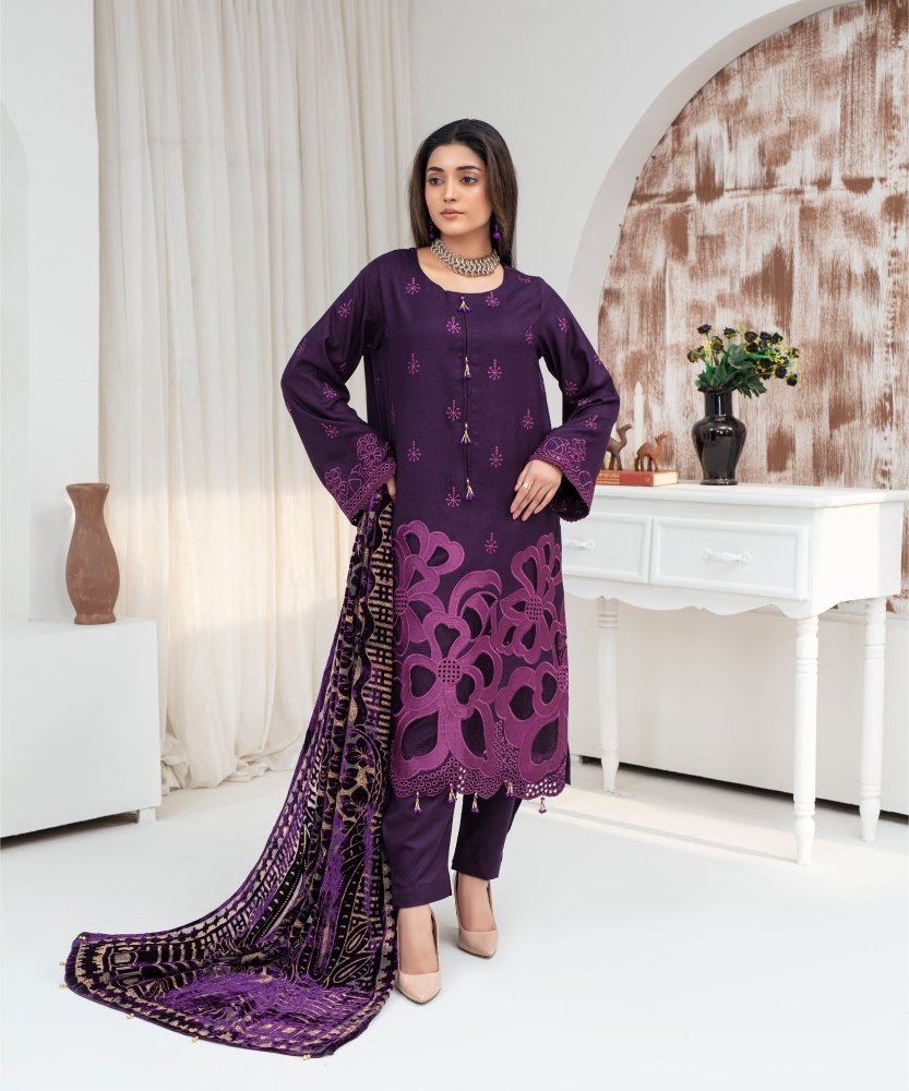 Dhanak 3PC Chikankari Embroidered Shirt With Velvet Plachi Shawl - 2108 - Sapphire Studios