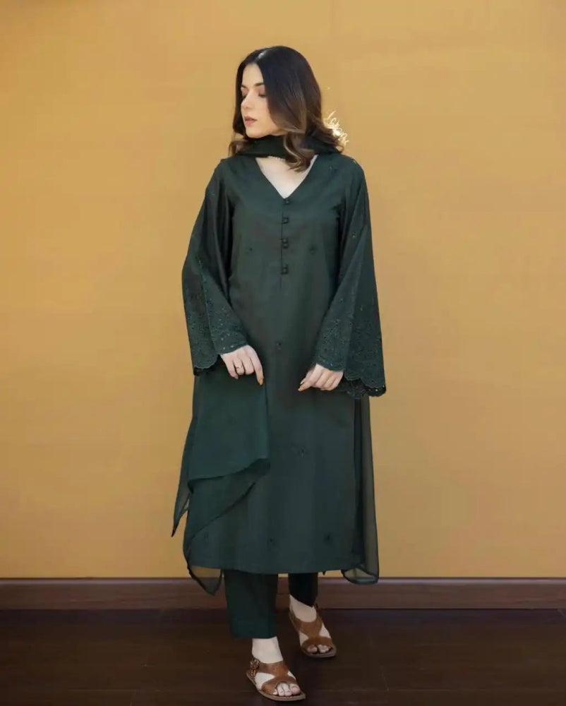 Dhanak - 3PC Embroidered Shirt with Chiffon Plain Dyed Dupatta - 361 - Sapphire Studios