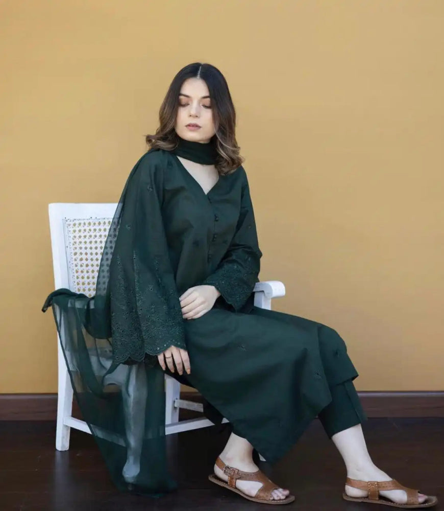 Dhanak - 3PC Embroidered Shirt with Chiffon Plain Dyed Dupatta - 361 - Sapphire Studios