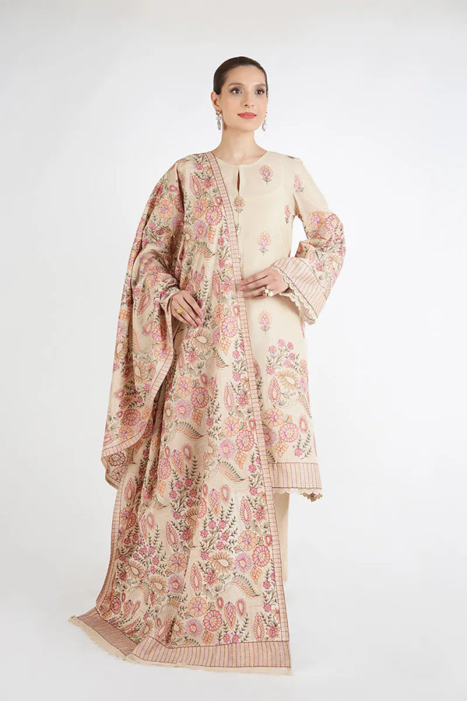 Dhanak 3PC Embroidered Shirt with Dhanak Embroidered Shawl - 3399 - Sapphire Studios