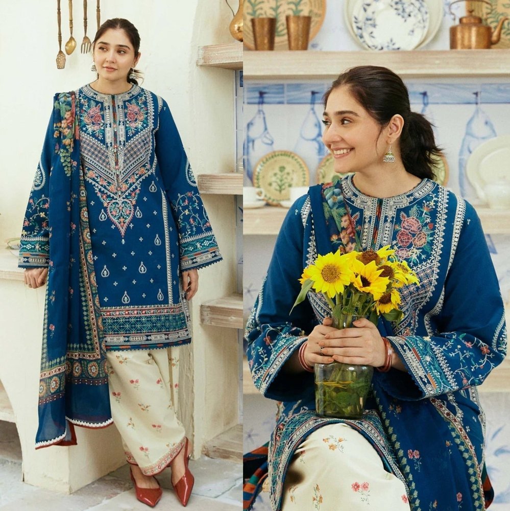Dhanak - 3PC Embroidered Shirt With Digital Printed Shawl - 668 - Sapphire Studios