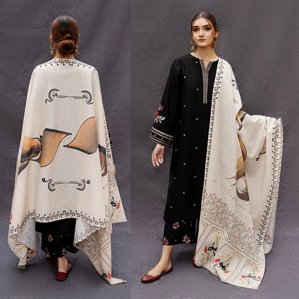 DHANAK 3PC EMBROIDERED SHIRT WITH DIGITAL PRINTED WOOL SHAWL - 167 - Sapphire Studios