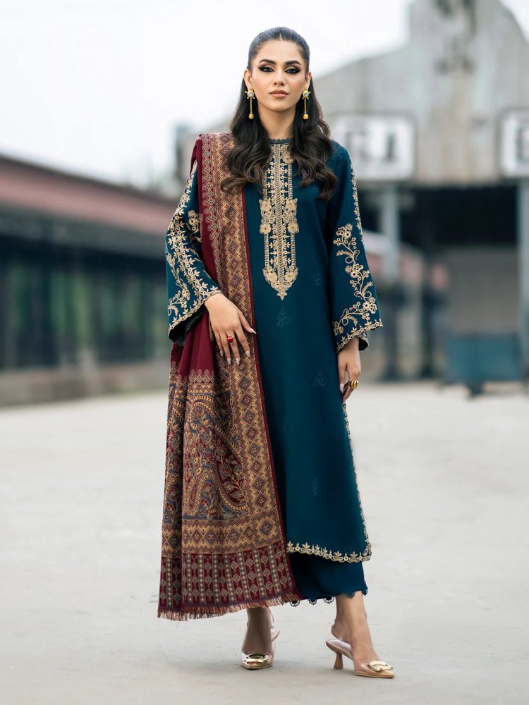 Dhanak - 3PC Embroidered Shirt with Digital Printed Wool Shawl - 262 - Sapphire Studios