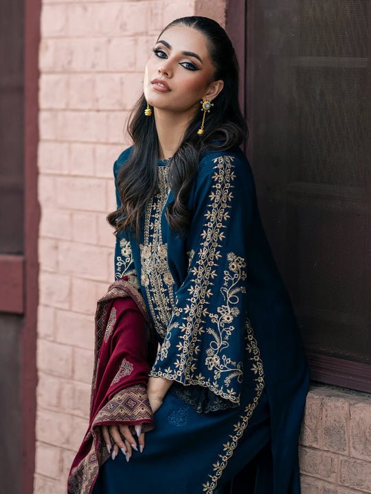 Dhanak - 3PC Embroidered Shirt with Digital Printed Wool Shawl - 262 - Sapphire Studios