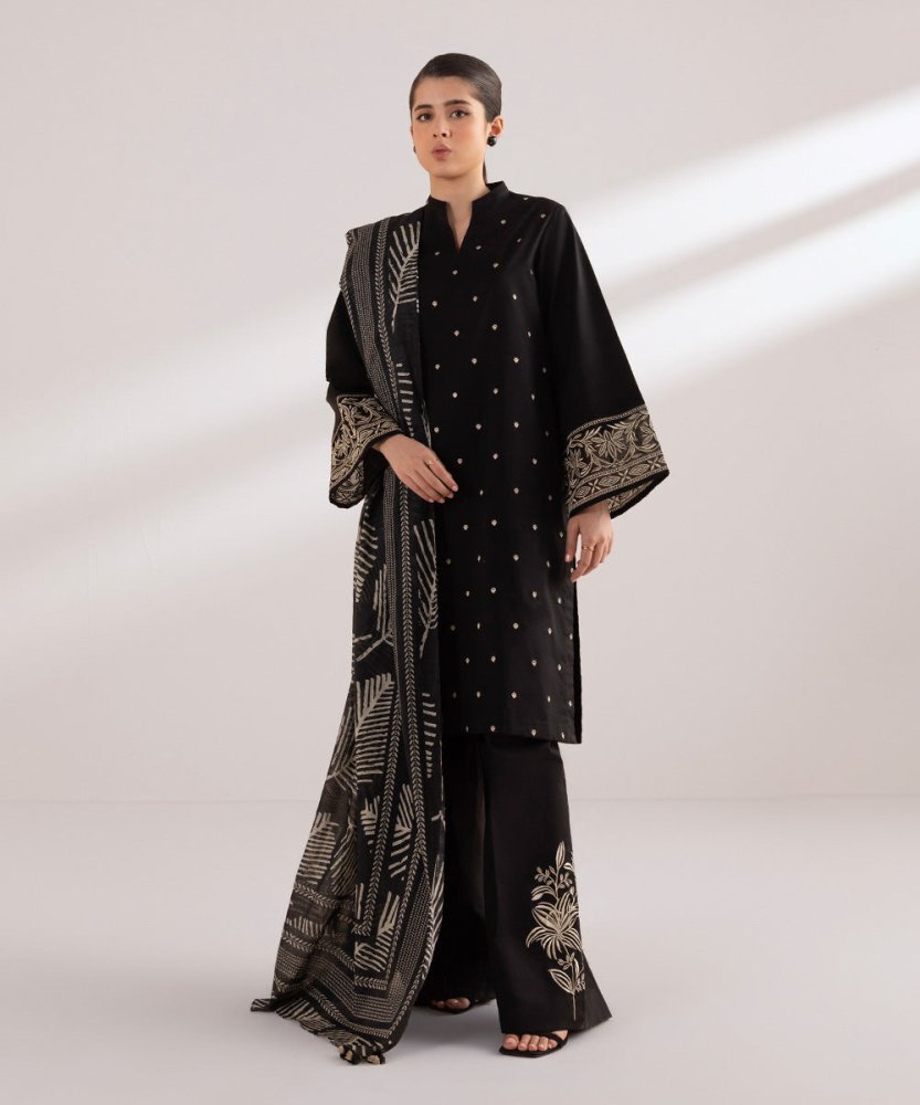 Dhanak - 3PC Embroidered Shirt with Digital printed wool shawl - 3121 - Sapphire Studios