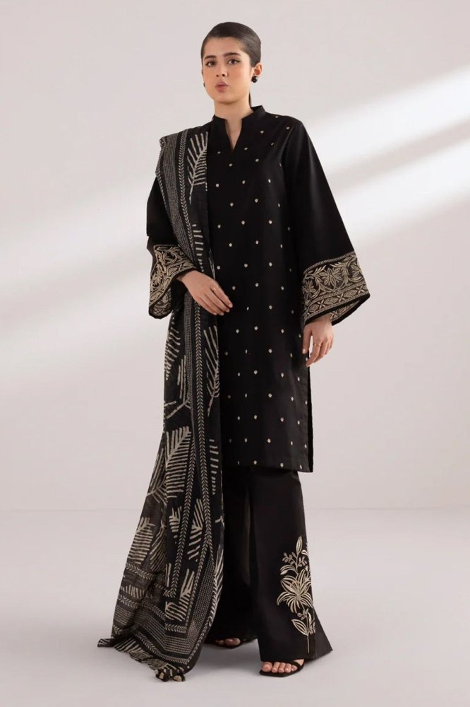 Dhanak - 3PC Embroidered Shirt with Digital printed wool shawl - 3121 - Sapphire Studios