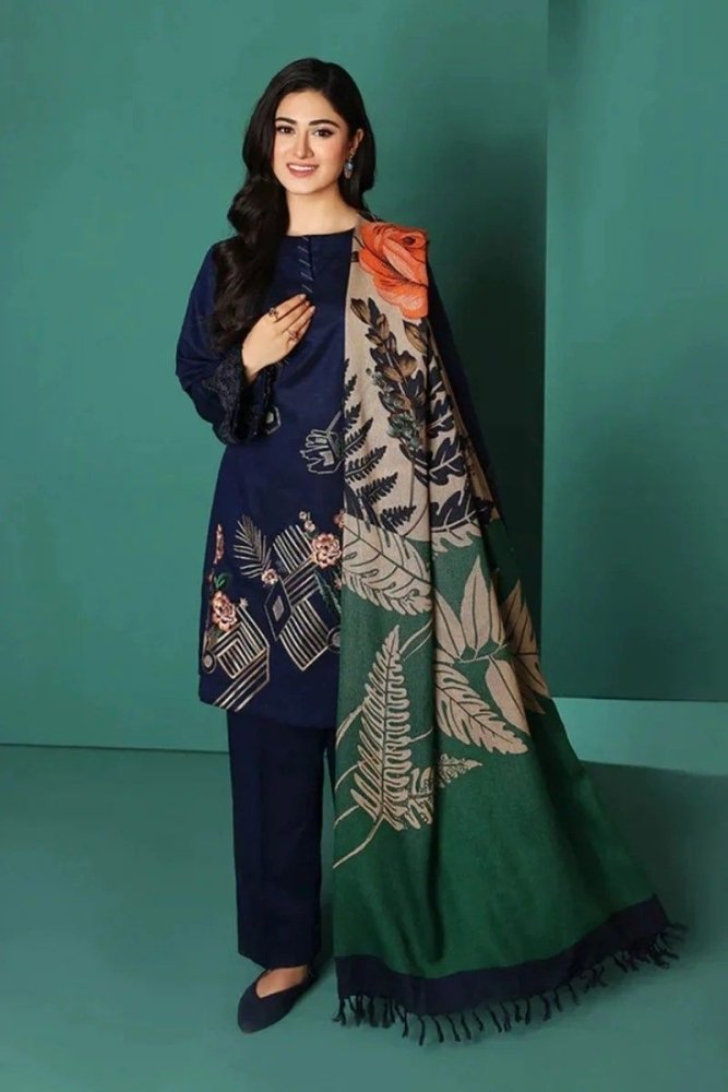 Dhanak - 3PC Embroidered Shirt with Digital Printed Wool Shawl - 3208 - Sapphire Studios