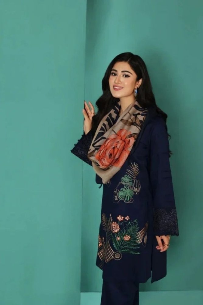 Dhanak - 3PC Embroidered Shirt with Digital Printed Wool Shawl - 3208 - Sapphire Studios