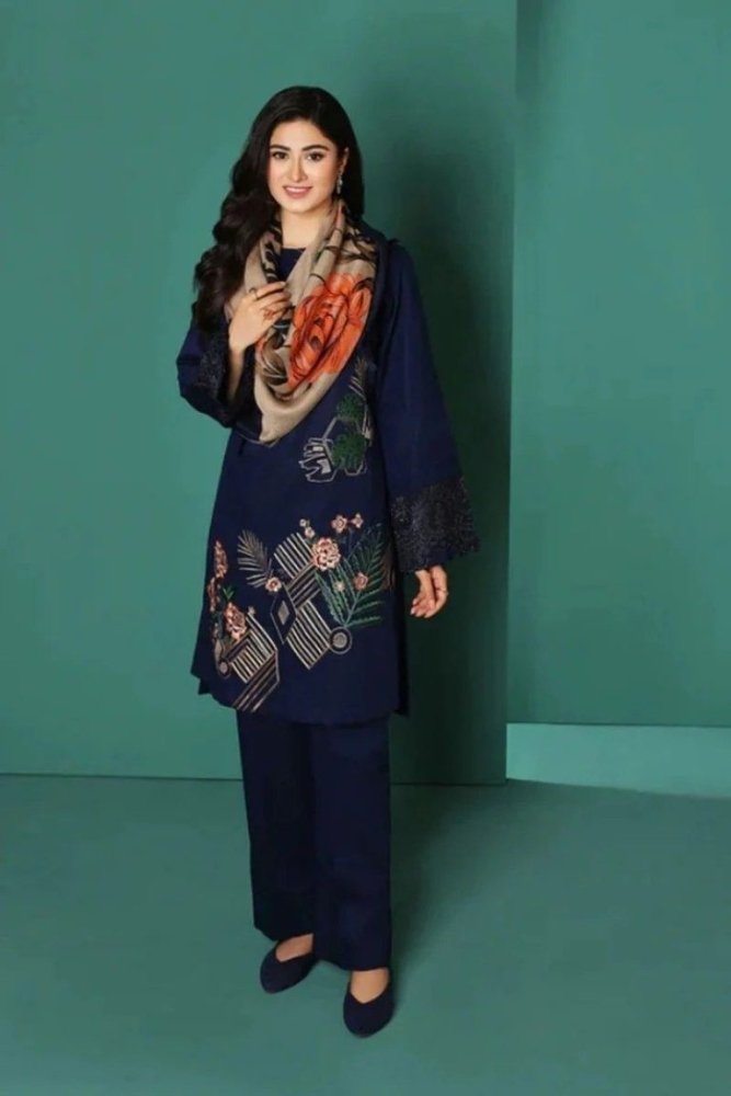 Dhanak - 3PC Embroidered Shirt with Digital Printed Wool Shawl - 3208 - Sapphire Studios