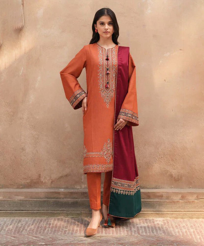 Dhanak - 3PC Embroidered Shirt with Digital Printed Wool Shawl - 3239 - Sapphire Studios