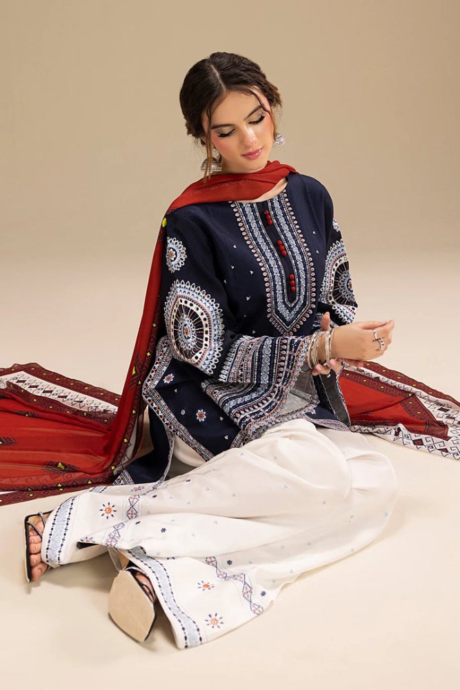 Dhanak - 3PC Embroidered Shirt with Digital Printed Wool Shawl - 3324 - Sapphire Studios