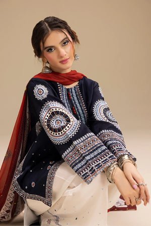 Dhanak - 3PC Embroidered Shirt with Digital Printed Wool Shawl - 3324 - Sapphire Studios