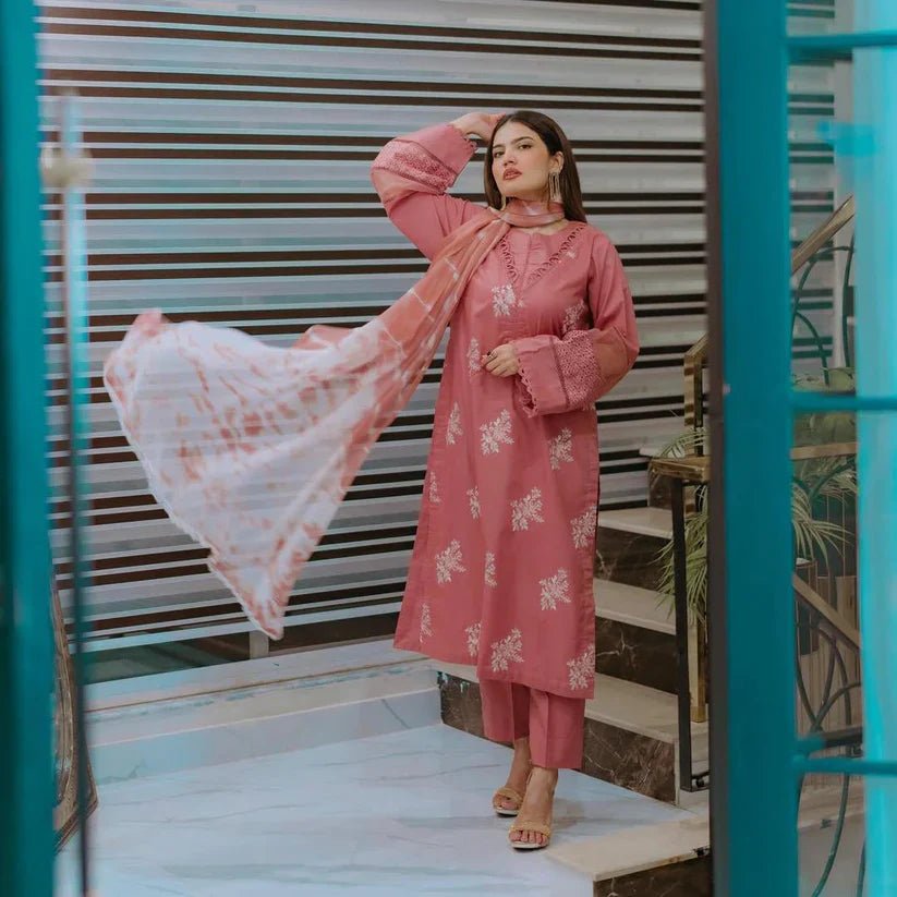 Dhanak - 3PC Embroidered Shirt with Digital Printed Wool Shawl - 3330 - Sapphire Studios