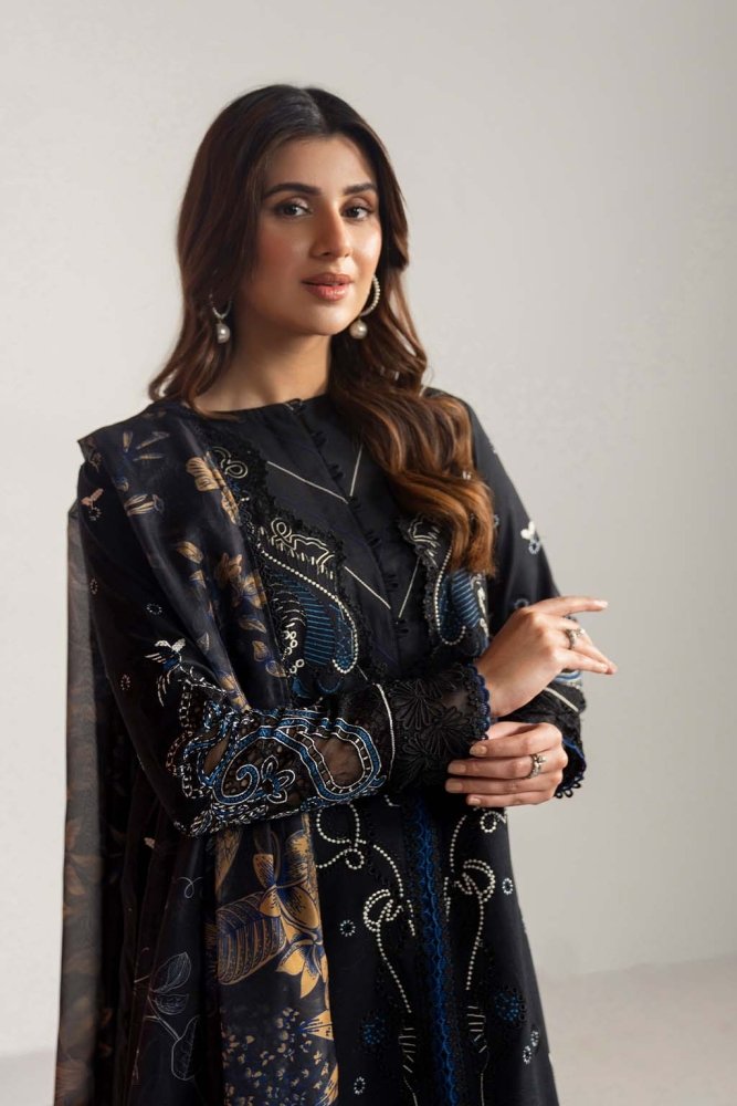 Dhanak - 3PC Embroidered Shirt with Digital Printed Wool Shawl - 3365 - Sapphire Studios