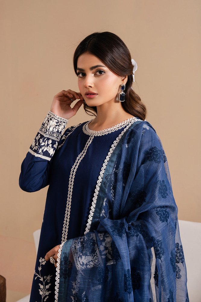 Dhanak - 3PC Embroidered Shirt with Digital Printed Wool Shawl - 3367 - Sapphire Studios