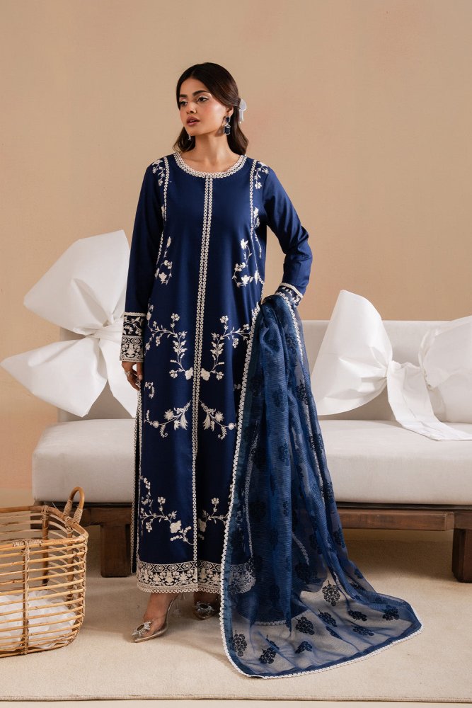 Dhanak - 3PC Embroidered Shirt with Digital Printed Wool Shawl - 3367 - Sapphire Studios