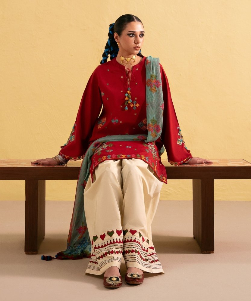 Dhanak - 3PC Embroidered Shirt with Digital Printed Wool Shawl - 3437 - Sapphire Studios
